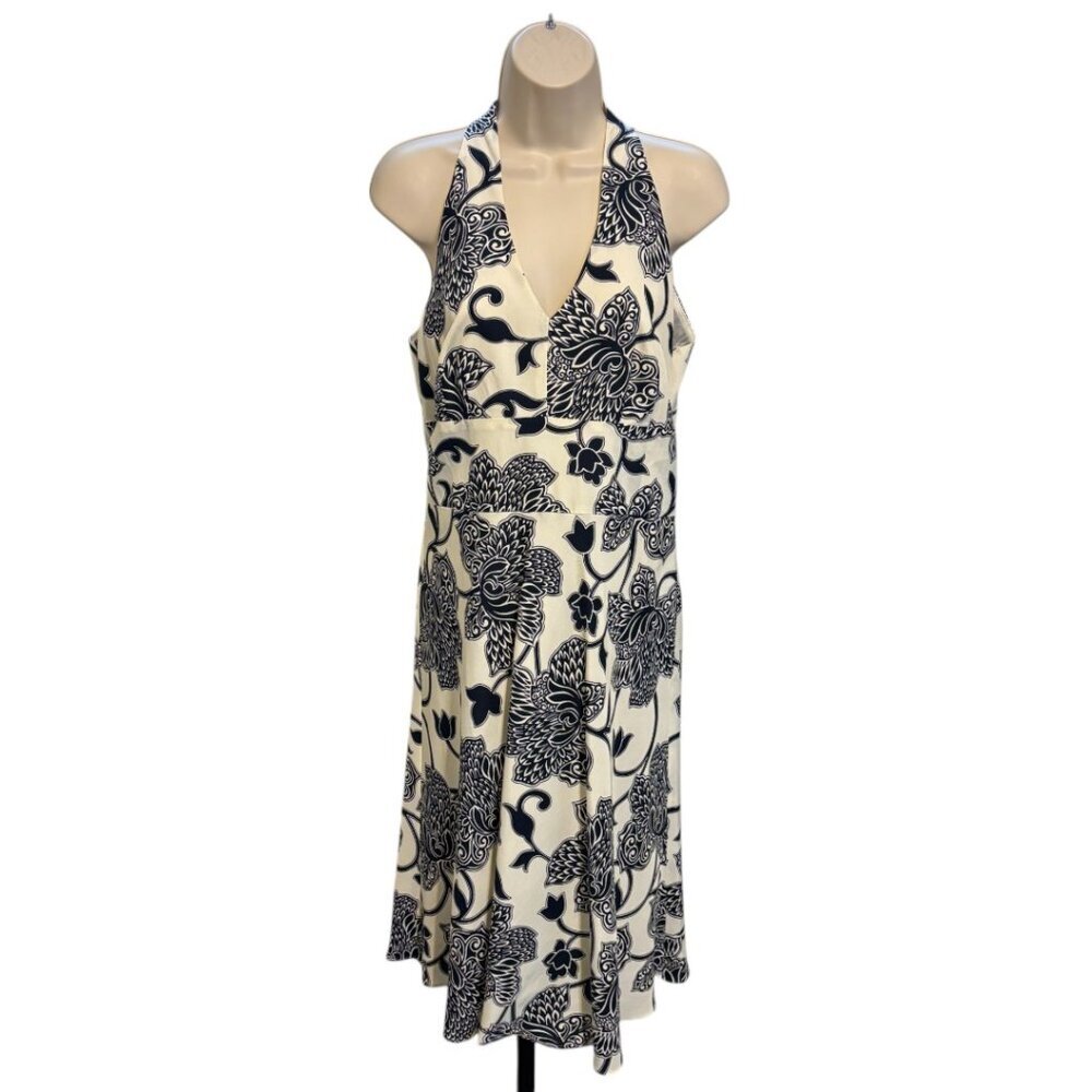 Ann Taylor Silk Black Ivory Floral Halter Dress